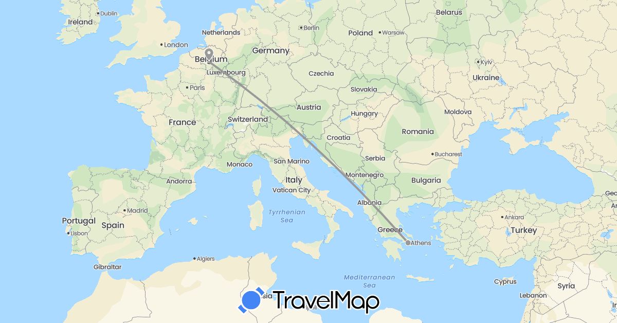 TravelMap itinerary: driving, plane in Belgium, Greece (Europe)